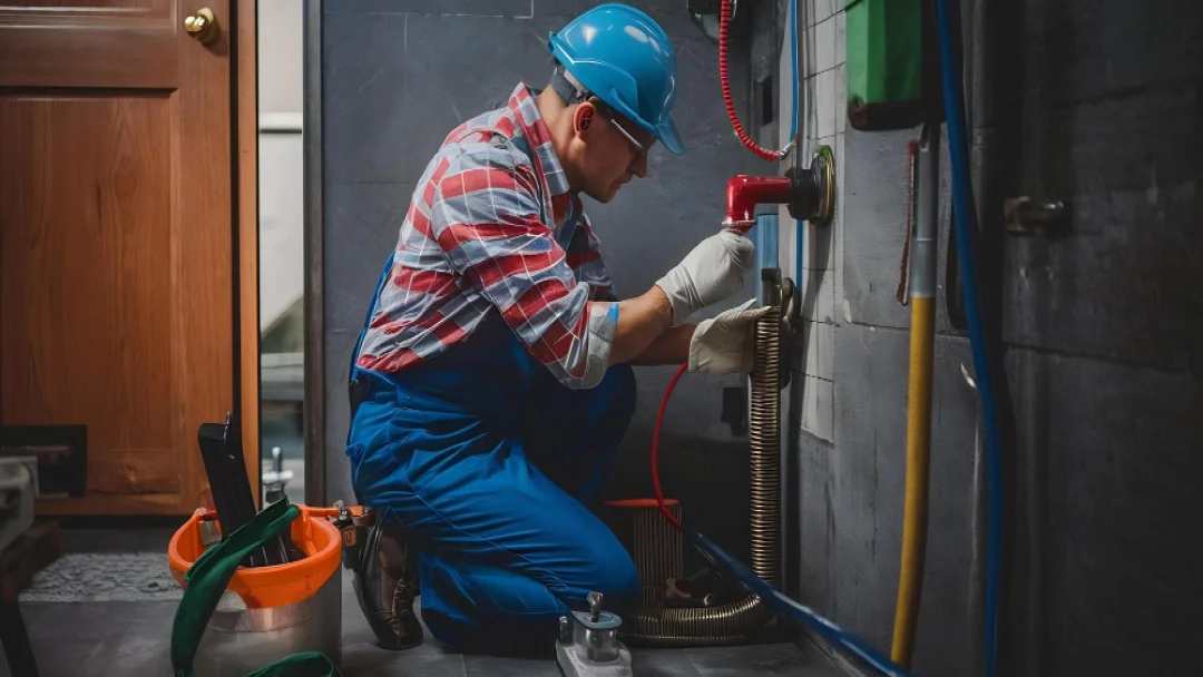 A man in blue overalls and a hard hat repairs a pipe, focused on his task in a construction setting.