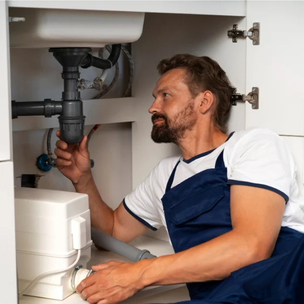 A man in an apron repairs a sink, focused on fixing the plumbing with tools in hand.