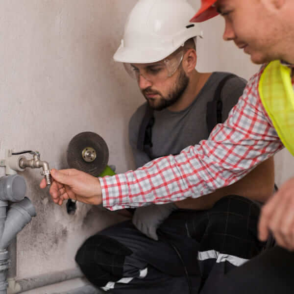 Two construction workers wearing hard hats inspecting a water faucet and pipes on a concrete wall.